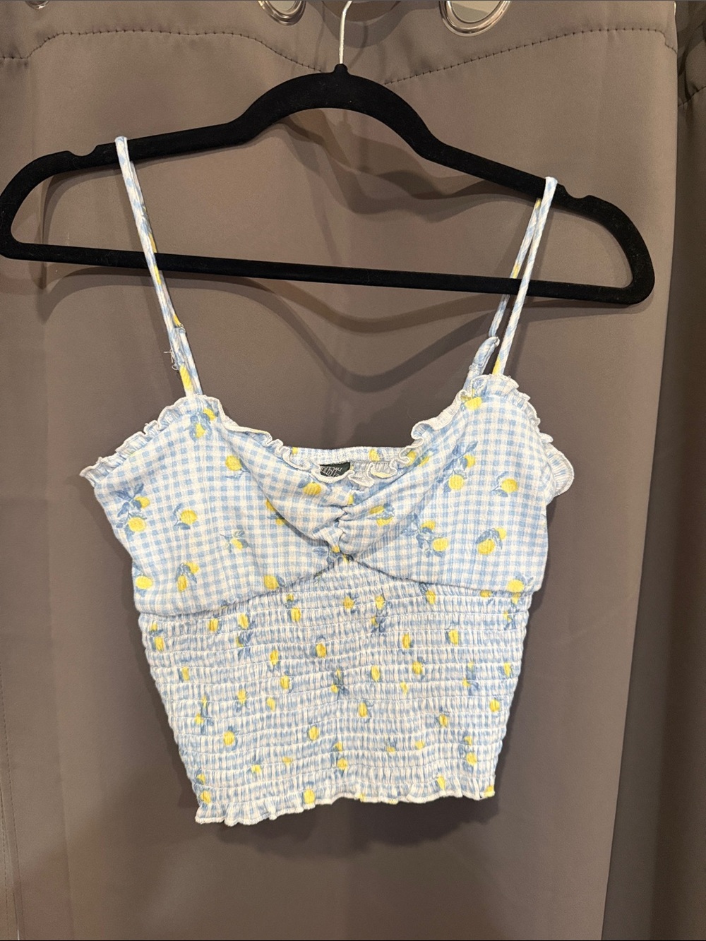 wild fable Blue Gingham Smocked Lemon Print Cropped Cami